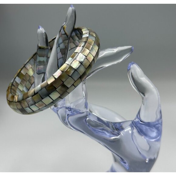 Mother of Pearl Mosaic Bangle Bracelet Iridescent Shell Inlay Square Tile Design - Picture 1 of 8